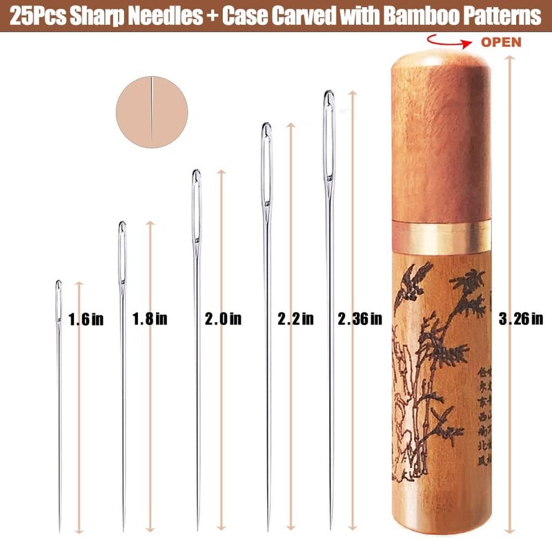 ECROCY Large Eye Sewing Needles, Embroidery Needles, Stainless Steel, 25 Pieces Sharp Needles with Wooden Needle Case Carving Pattern - Image 4